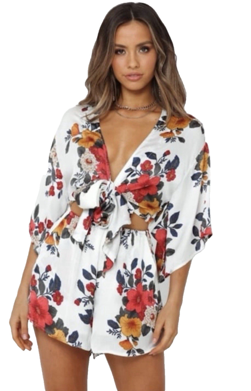 Hello Molly Floral Romper Small White Tie Front Cutout Long Sleeve Boho